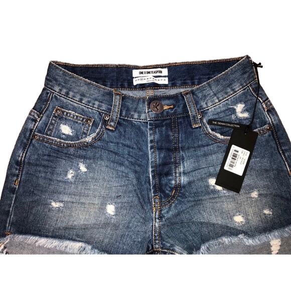 NEW ONE TEASPOON Hawks Distressed Blue Wash Raw Hem Denim Cutoffs Jean Shorts 24 - Picture 4 of 8